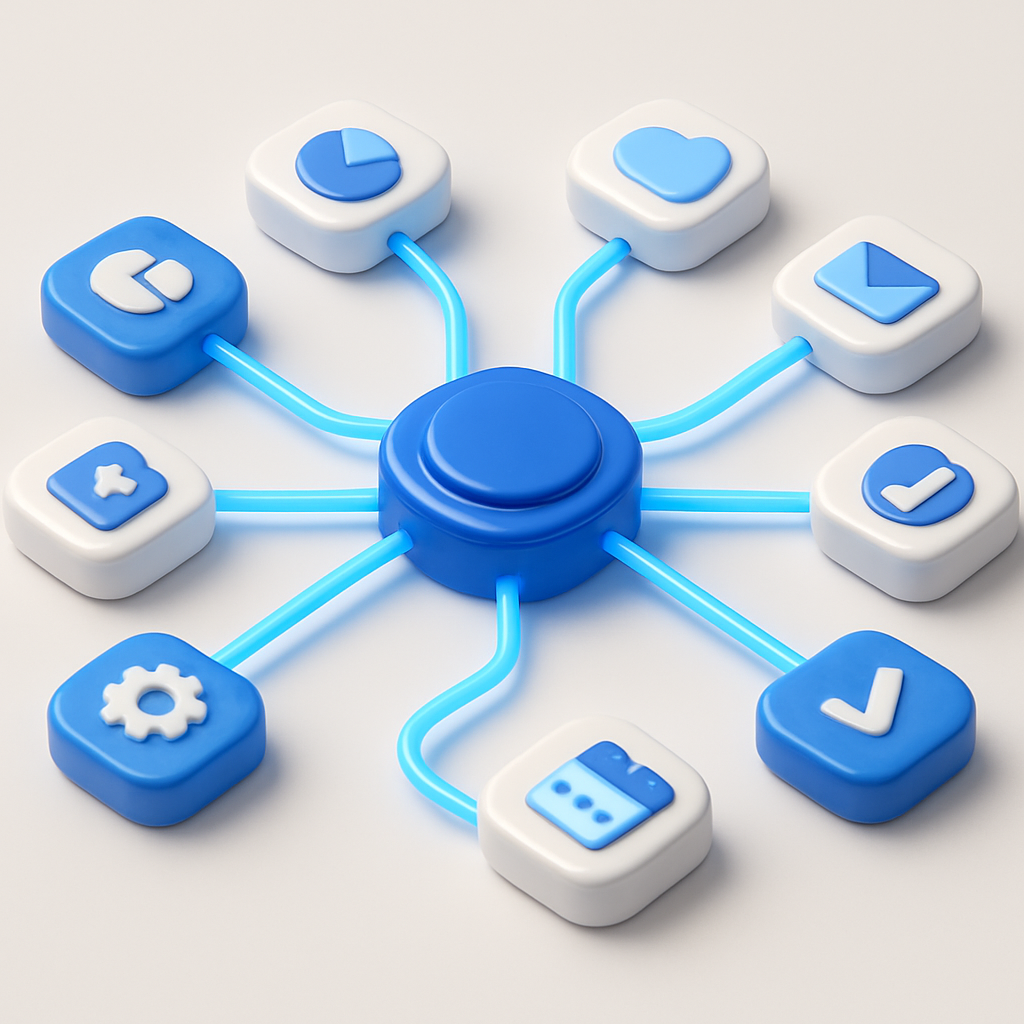 3D illustration of a central hub connected to many business app tiles