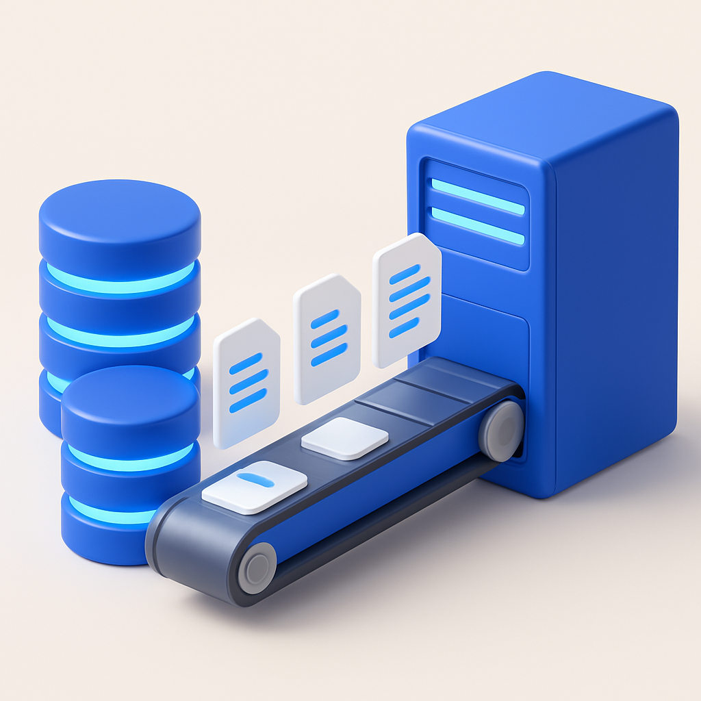 3D illustration of data records flowing into a destination server